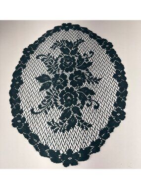 Oval Floral Lace Doily 19” x 14” Elegant Vintage Table Decor Green Handmade